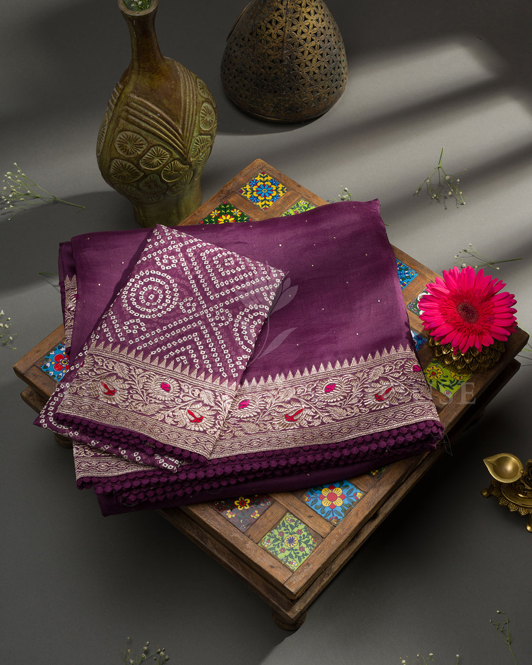 Purple Organza Saree with Zari Floral Border & Mukaish Work