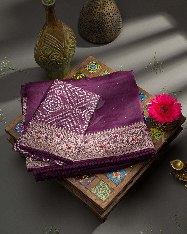 Purple Organza Saree with Zari Floral Border & Mukaish Work