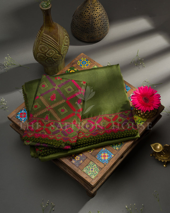Olive Green Tussar Silk Saree with Geometric Phulkari Border