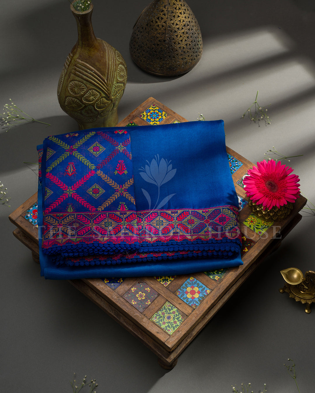 Royal Blue Tussar Silk Saree with Geometric Phulkari Border