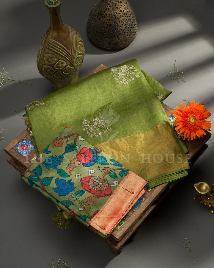 Green Tussar Silk Saree with Gold Elephant Motifs & Kalamkari Print Blouse