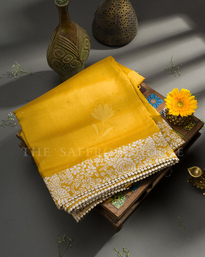 Mustard Yellow Tussar Silk Saree with Floral Embroidery