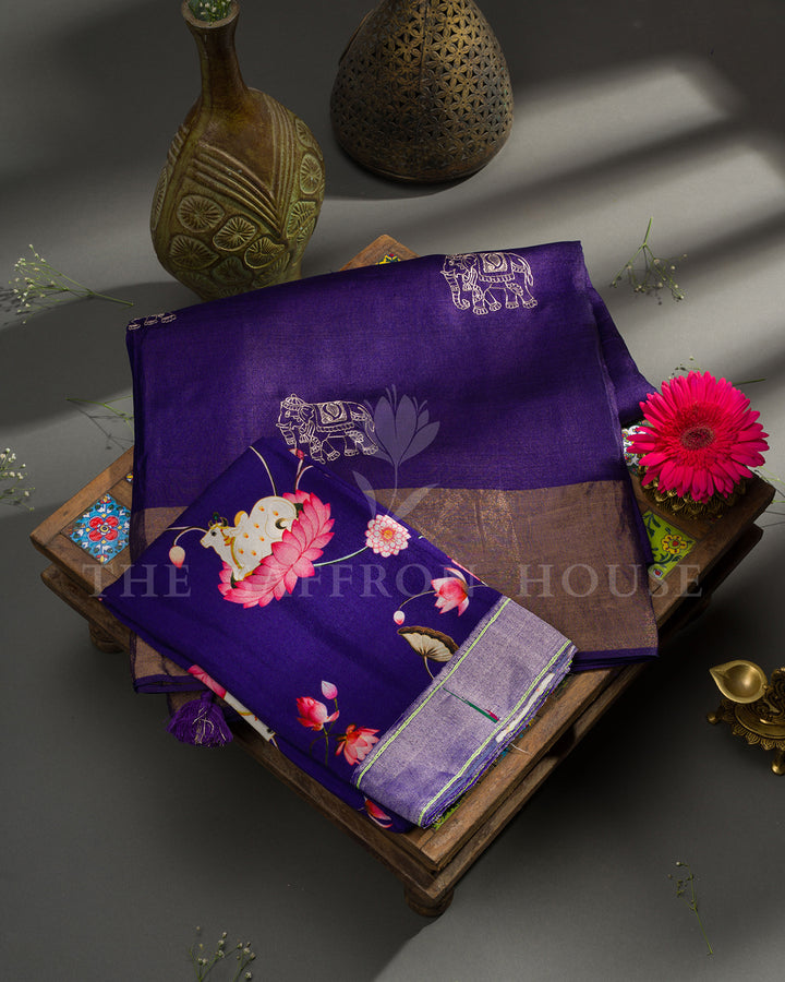 Purple Tussar Silk Saree with Silver Elephant Motifs & Hand-Painted Pichwai Blouse