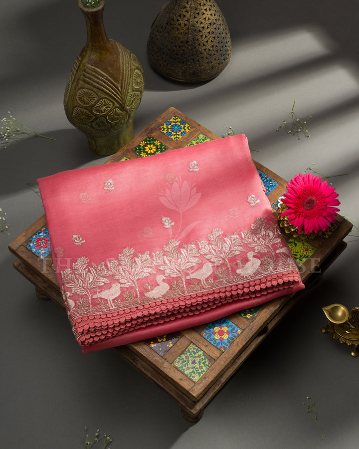 Coral Pink Tussar Silk Saree with Woodland Bird & Floral Zari Border