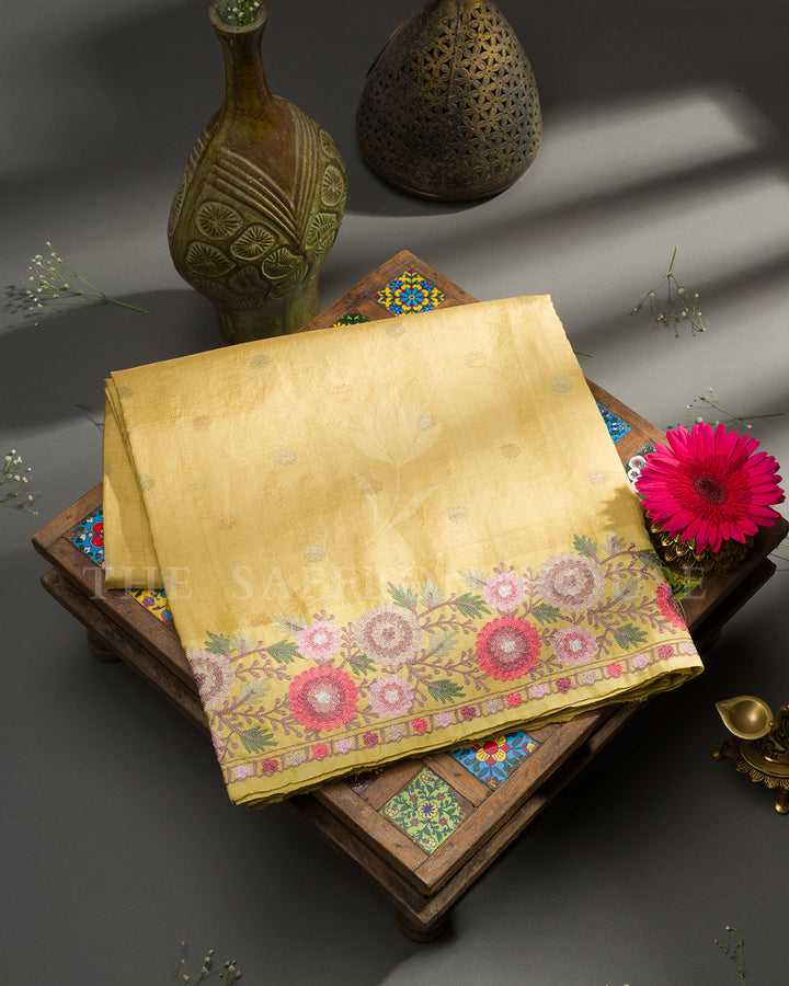 Mustard Yellow Tussar Silk Saree with Floral Embroidered Border