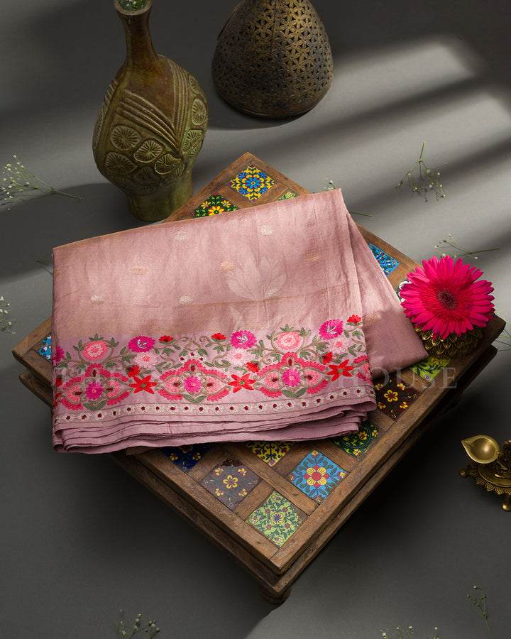 Dusty Pink Tussar Silk Saree with Floral Embroidered Border & Zari Butis