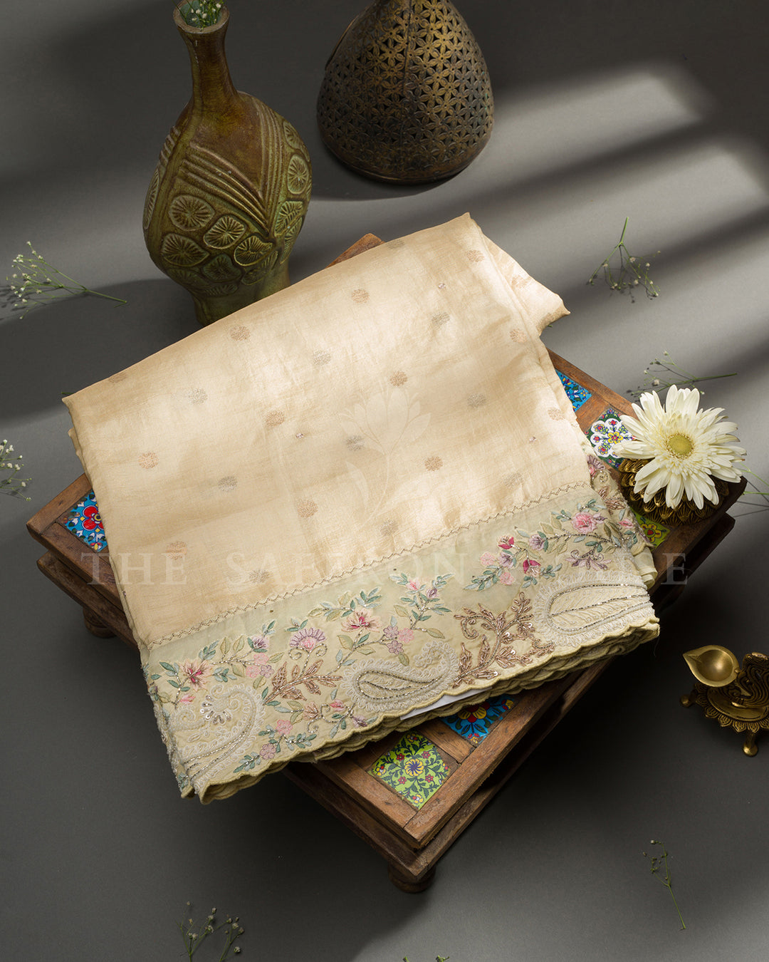 Beige Tussar Silk Saree with Sequin Paisley & Floral Embroidered Border