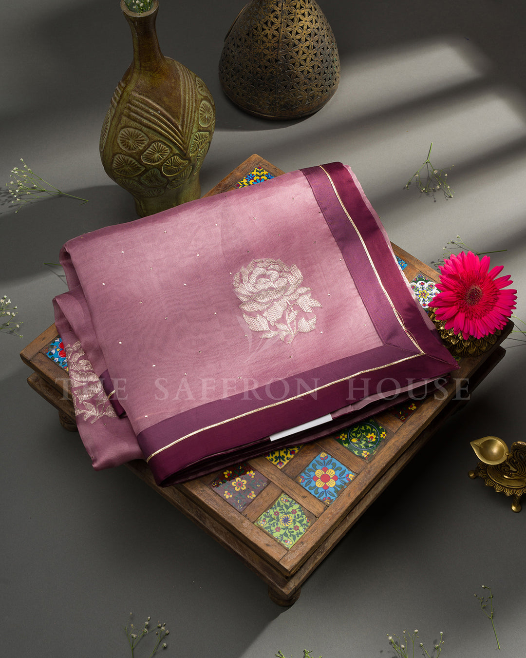 Mauve Organza Saree with Gold Rose Motifs & Contrast Wine Blouse