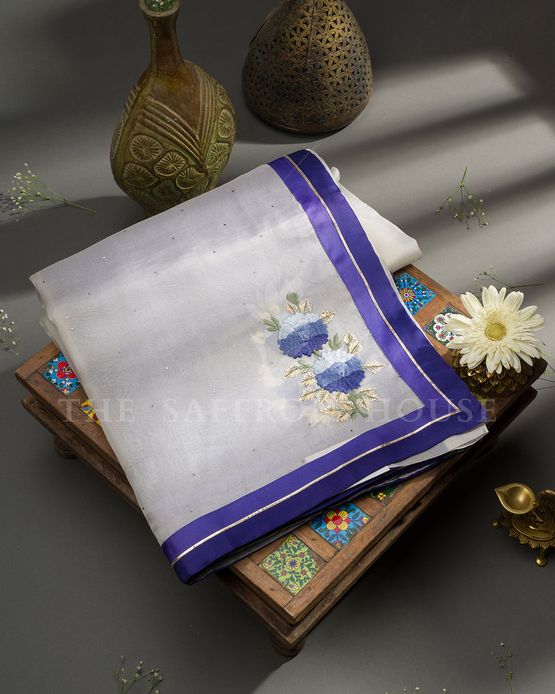 Ivory Tussar Silk Saree with Blue Floral Embroidery & Contrast Blue Blouse