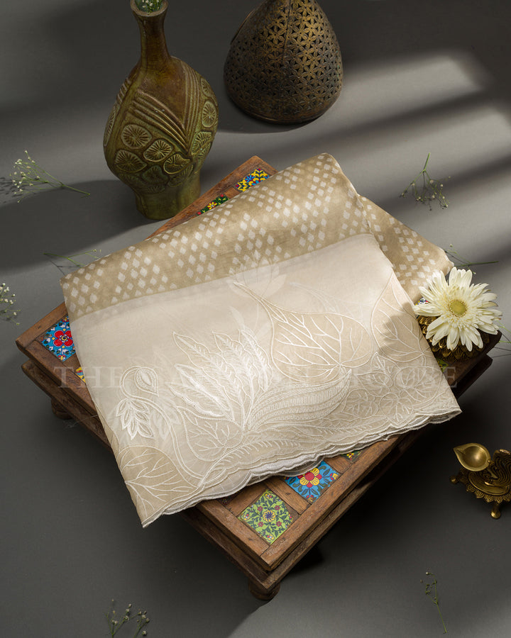 Ivory Tussar Silk Saree with Tone-on-Tone Leaf Embroidered Border