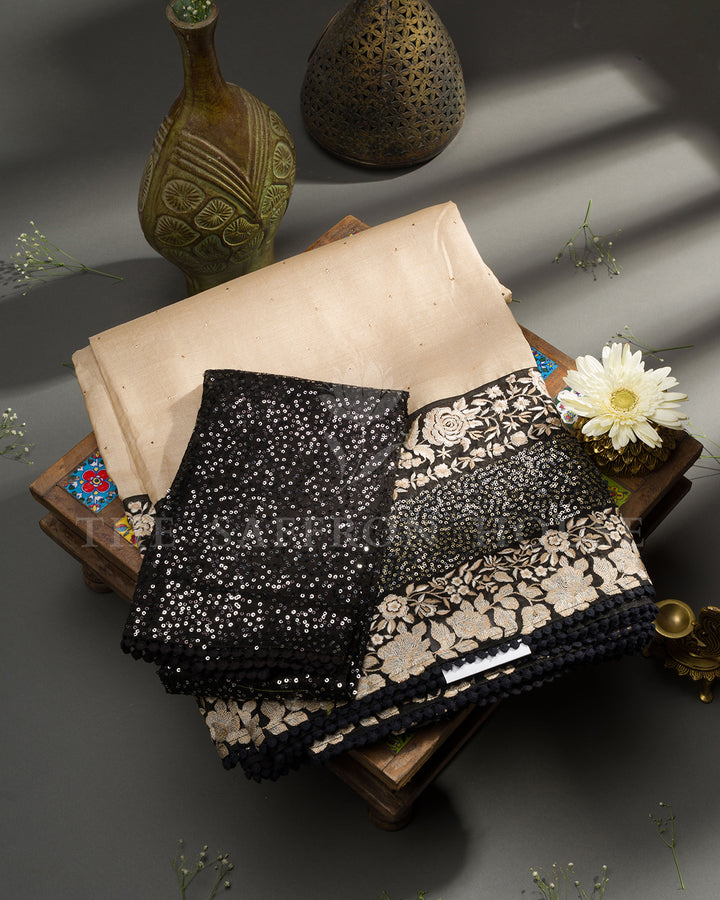 Beige Tussar Silk Saree with Black Sequin Floral Border & Fully Sequined Blouse