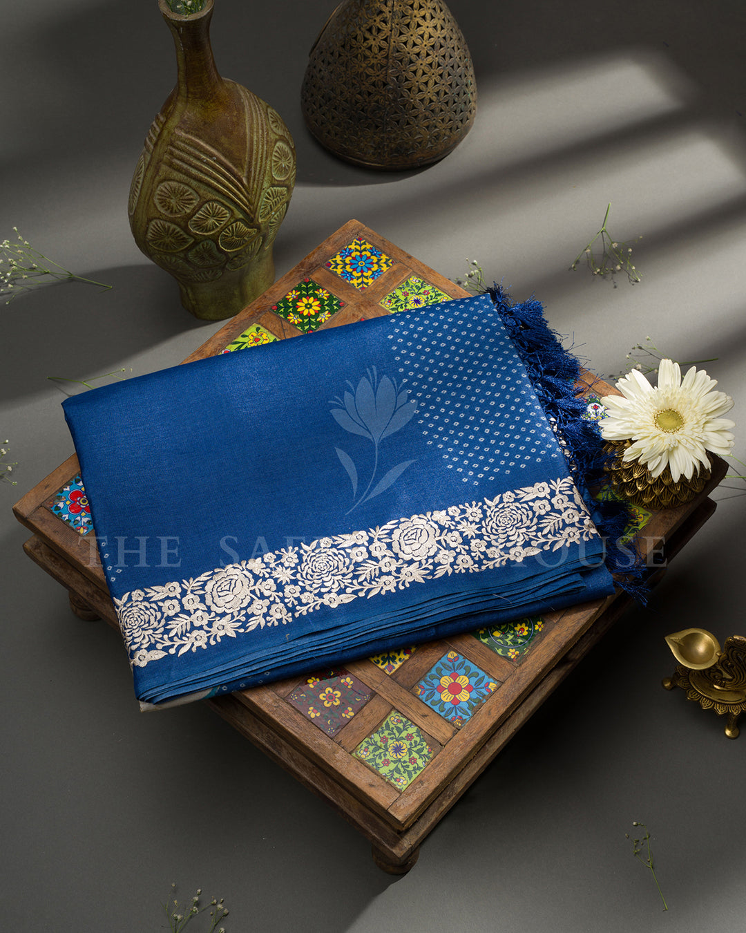 Royal Blue Silk Saree with Printed Crane Motifs