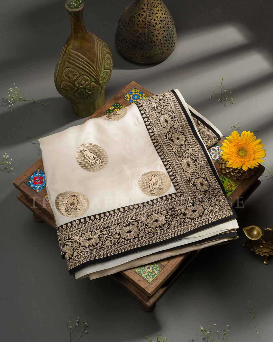 Ivory Tussar Silk Saree with Bird Motif Butis & Contrast Black Zari Border