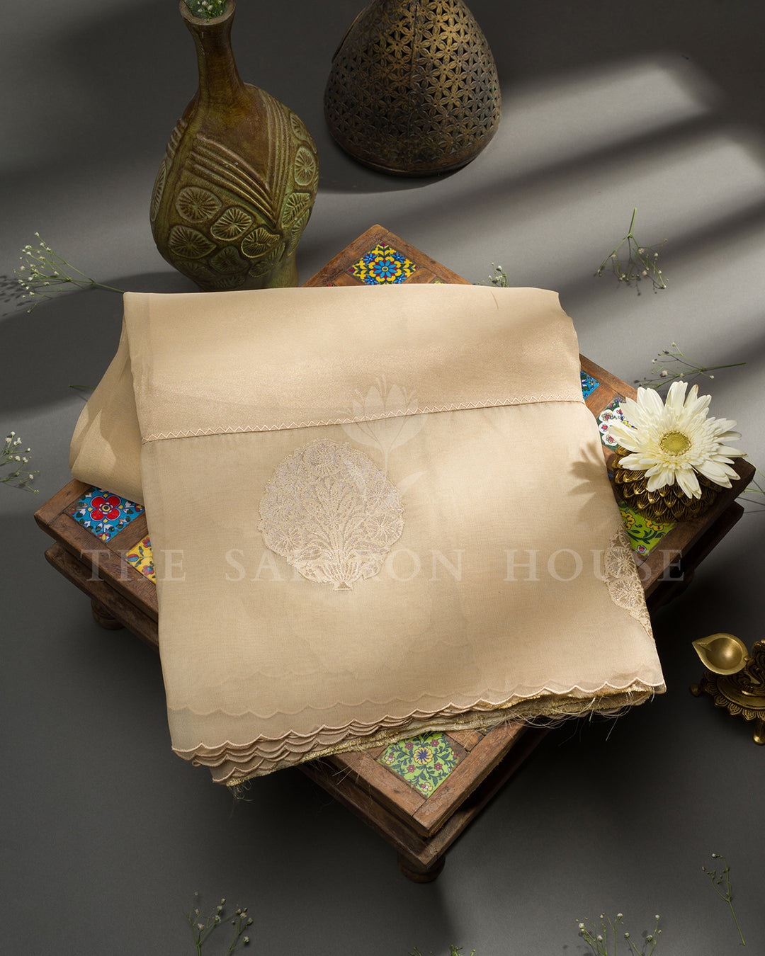 Beige Tussar Silk Saree with Self-Tone Circular Motifs & Scalloped Edge