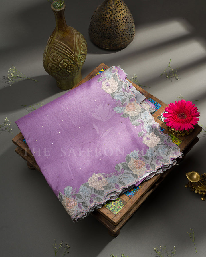 Lilac Tussar Silk Saree with Pastel Rose Embroidered Border & Contrast Grey Blouse