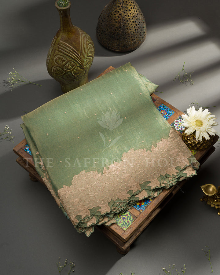 Sage Green Tissue Organza Saree with Self-Tone Floral Lace Border