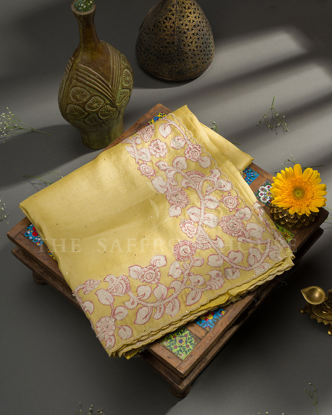 Yellow Tussar Silk Saree with Floral Vine Embroidered Border