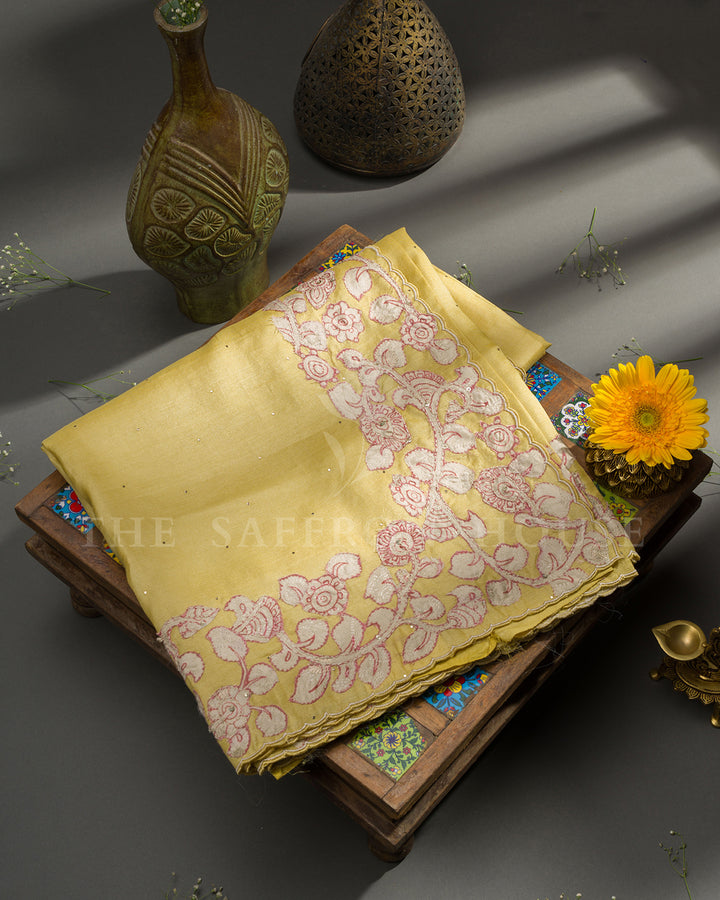 Yellow Tussar Silk Saree with Floral Vine Embroidered Border