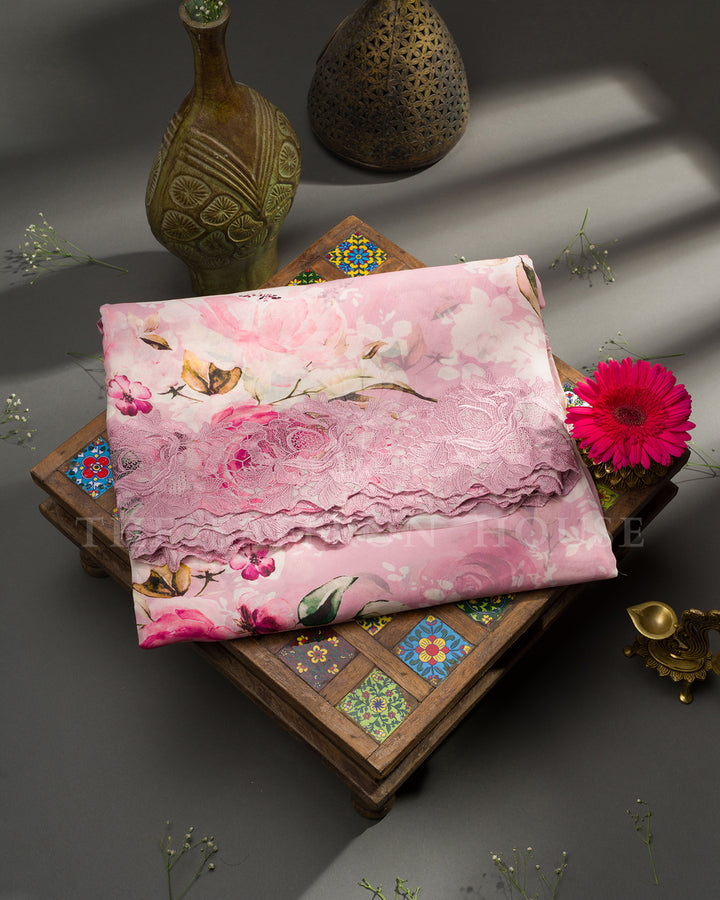 Blush Pink Organza Saree with Watercolour Rose Print, Scalloped Cutwork Lace Border