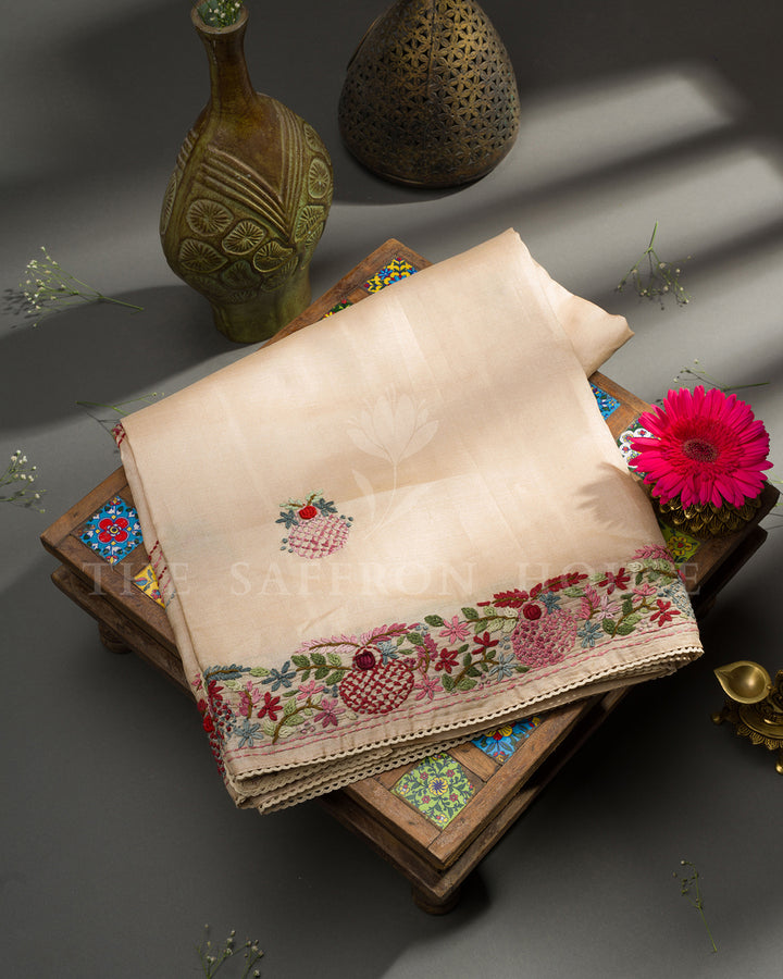Cream Tussar Silk Saree with Multicolour Pomegranate Vine Embroidery and Mirror Work