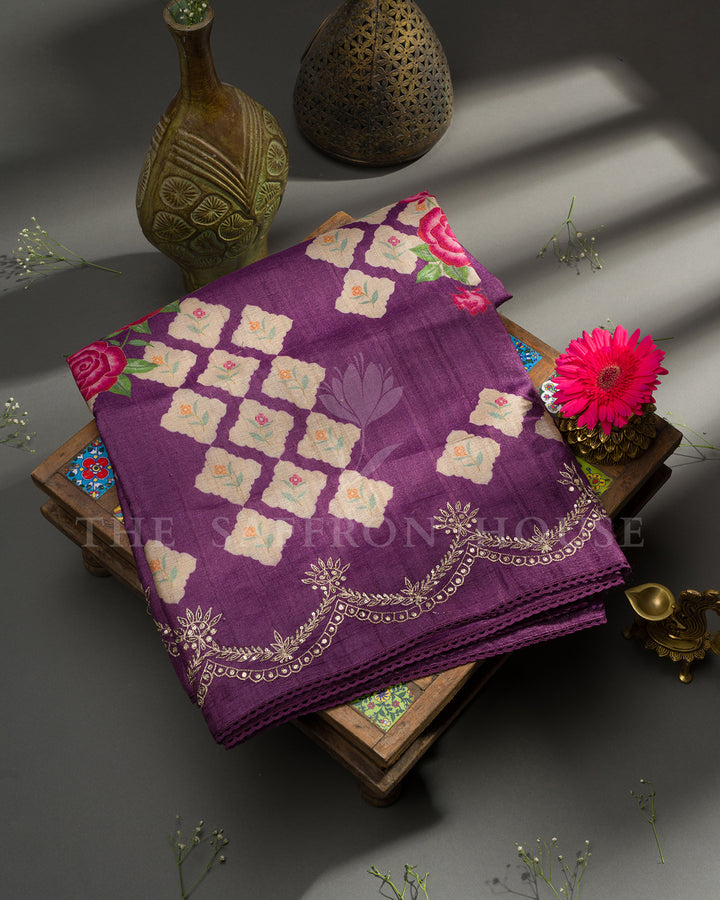 Purple Tussar Silk Saree with Printed Floral Grid, Rose Motifs and Gold Zari Scallop Border