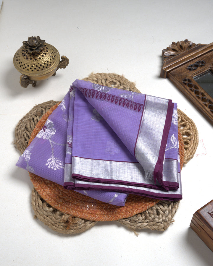 Lavender Purple Kota Cotton Saree with Silver Zari
