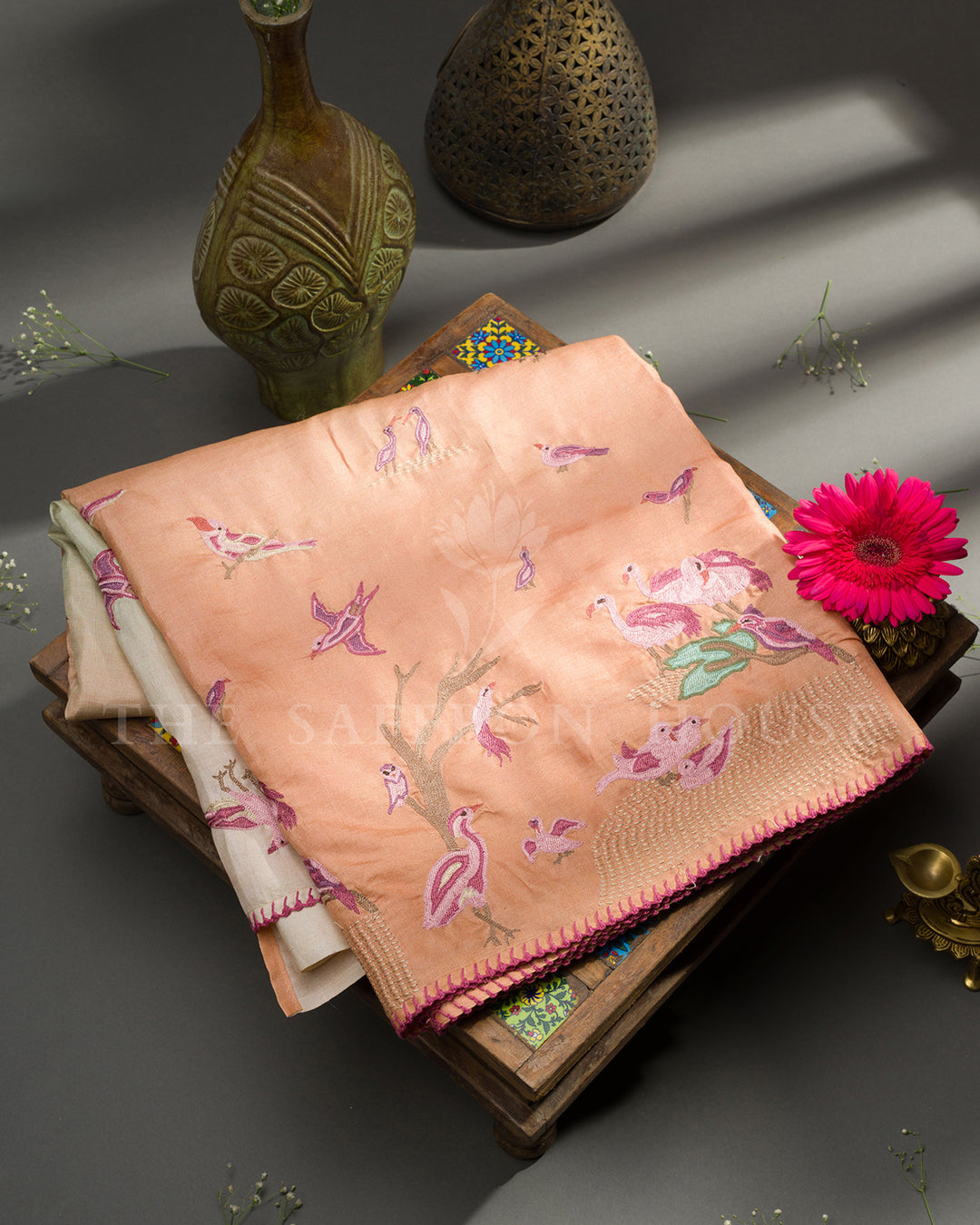 Peach & Sage Ombre Tussar Silk Saree with Hand-Embroidered Flamingo & Crane Motifs