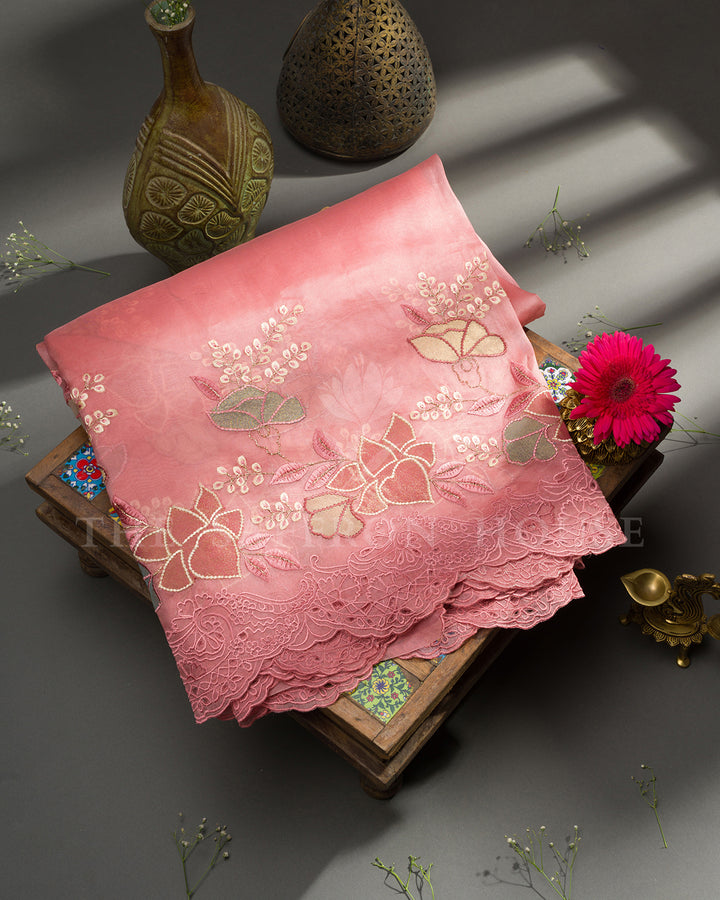 Rose Pink Organza Saree with Applique Floral Embroidery and Cutwork Scallop Border