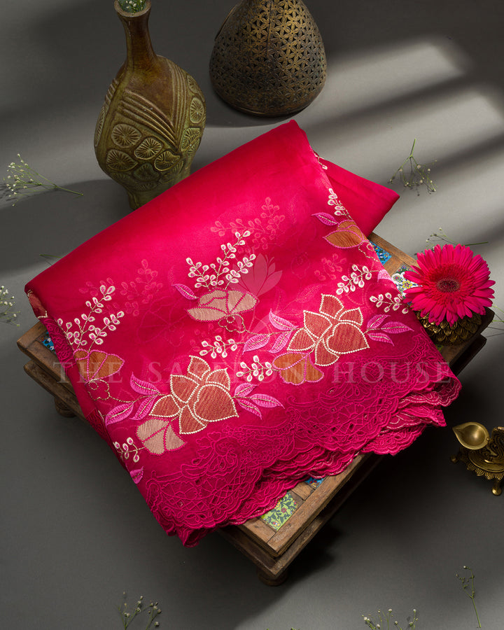 Rose Pink Tussar Silk Saree with Applique Floral Embroidery and Cutwork Scallop Border