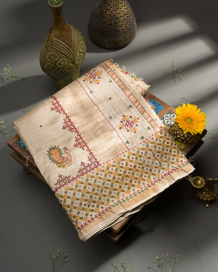 Natural Beige Tussar Silk Saree with Kutch Hand Embroidery and Mirror Work