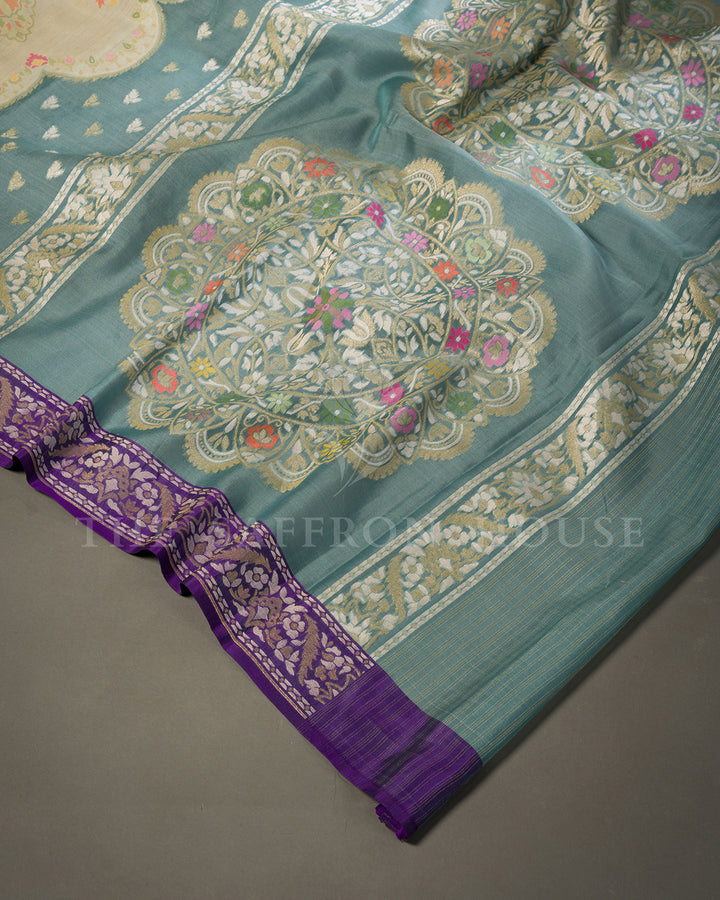 Teal Blue Tussar Silk Banarasi Saree with Meenakari Zari Medallions and Purple Border
