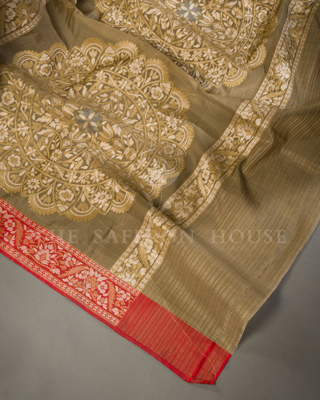 Olive Green Tussar Silk Banarasi Saree with Meenakari Zari Medallions and Red Border