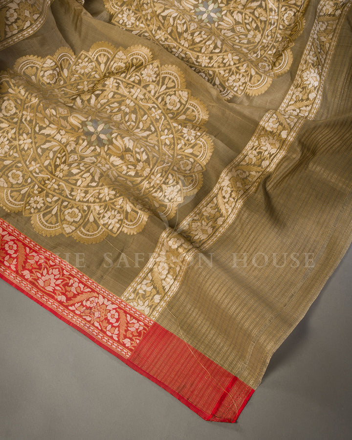 Olive Green Tussar Silk Banarasi Saree with Meenakari Zari Medallions and Red Border