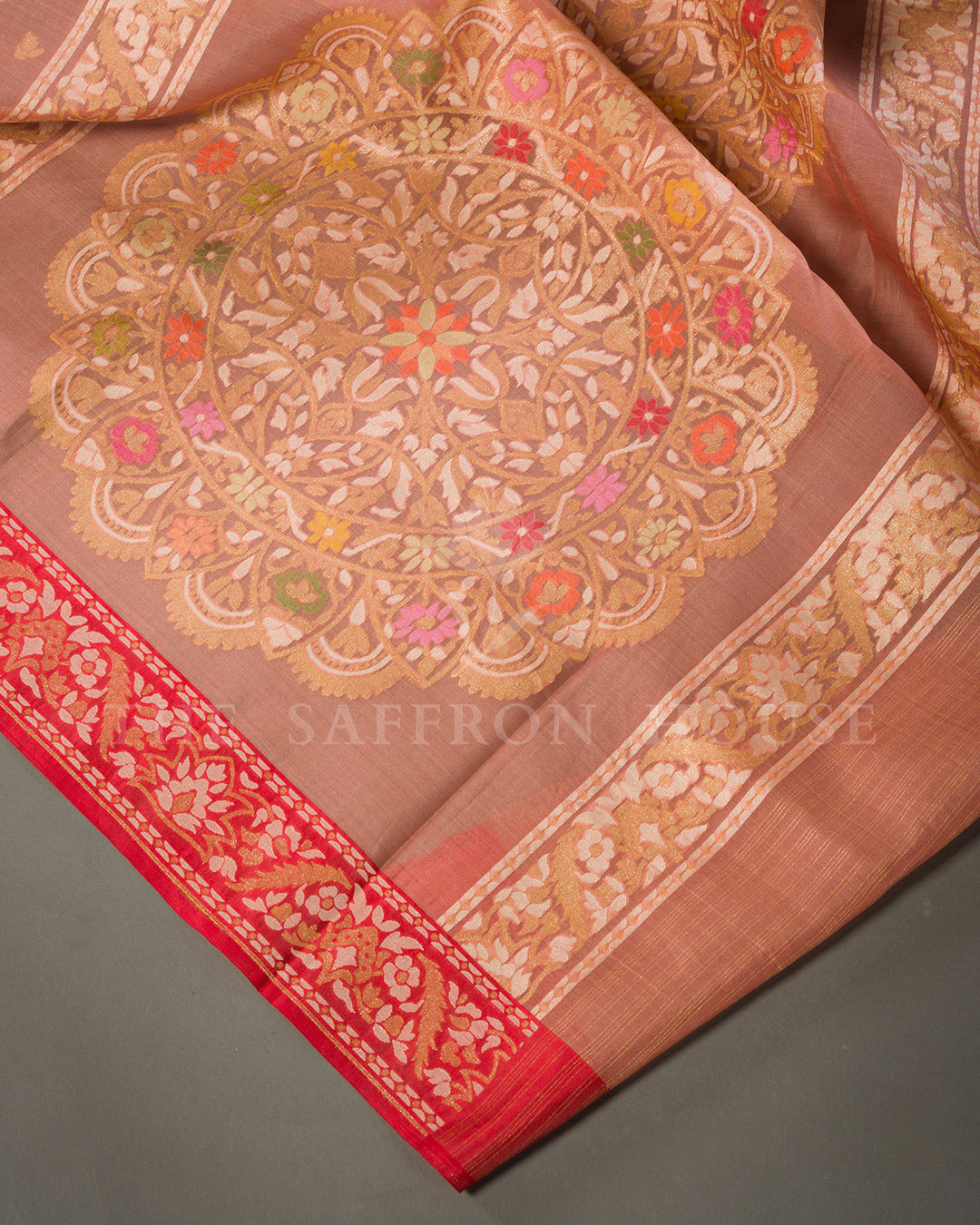 Dusty Rose Tussar Silk Banarasi Saree with Meenakari Zari Medallions and Red Border