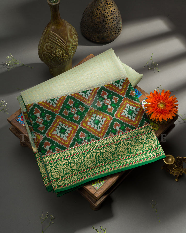 Pistachio Green Banarasi Organza with Patan Patola Fusion Border and Floral Brocade Blouse