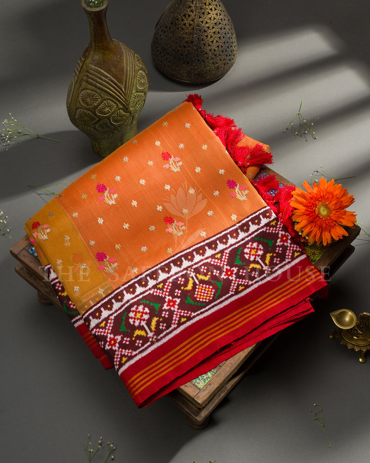 Marigold Orange Kota Saree with Patan Patola Fusion Border and Zari Butis