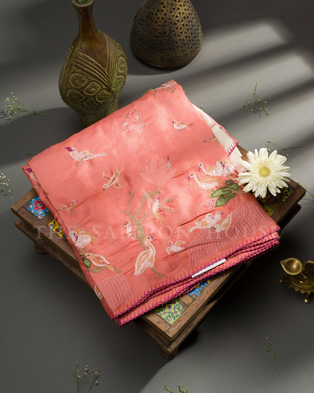 Coral Peach to Ivory Ombre Tussar Silk Saree with Hand-Embroidered Flamingo