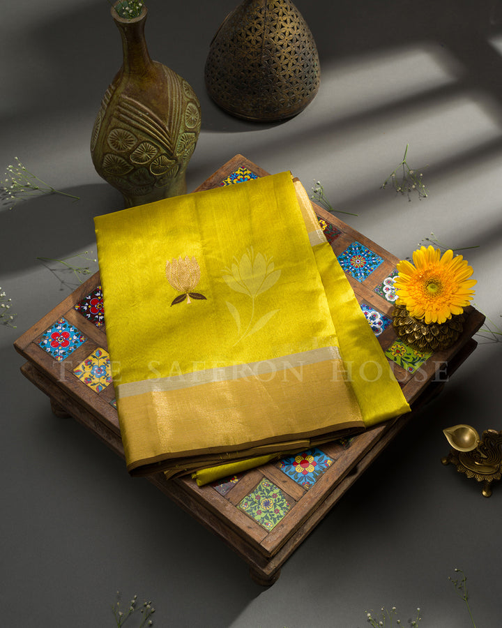 Turmeric Yellow Tussar Silk Saree with Gold Zari Lotus Butis and Tissue Border