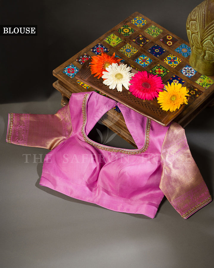 Orchid Lilac Kora Kanchivaram Silk Saree with Gold and Silver Zari Elephant Jaal