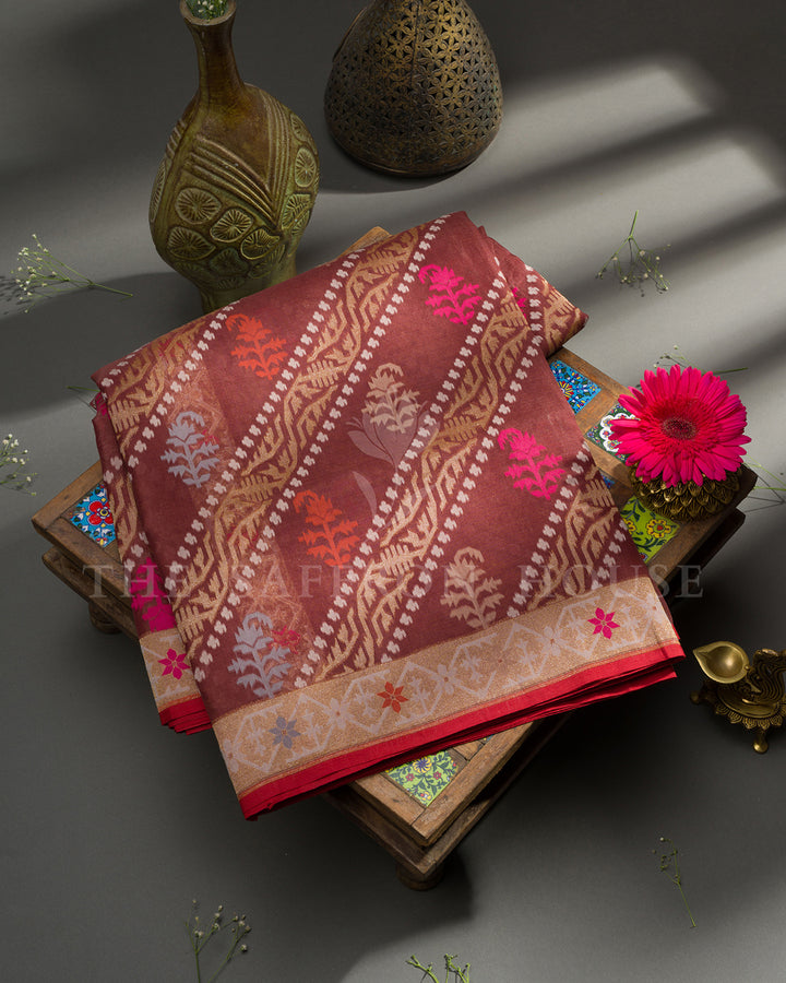 Rosewood Maroon Kora Jamdani Saree with Zari Vines and Multicoloured Butas