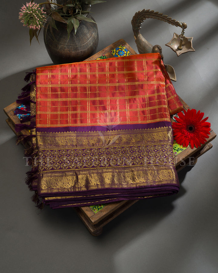 Orange & Purple Hand Embroidered Kanchivaram Silk Saree