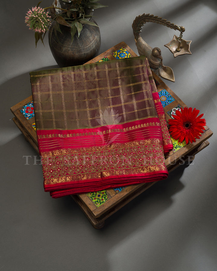 Olive Green & Pink Hand Embroidered Kanchivaram Silk Saree