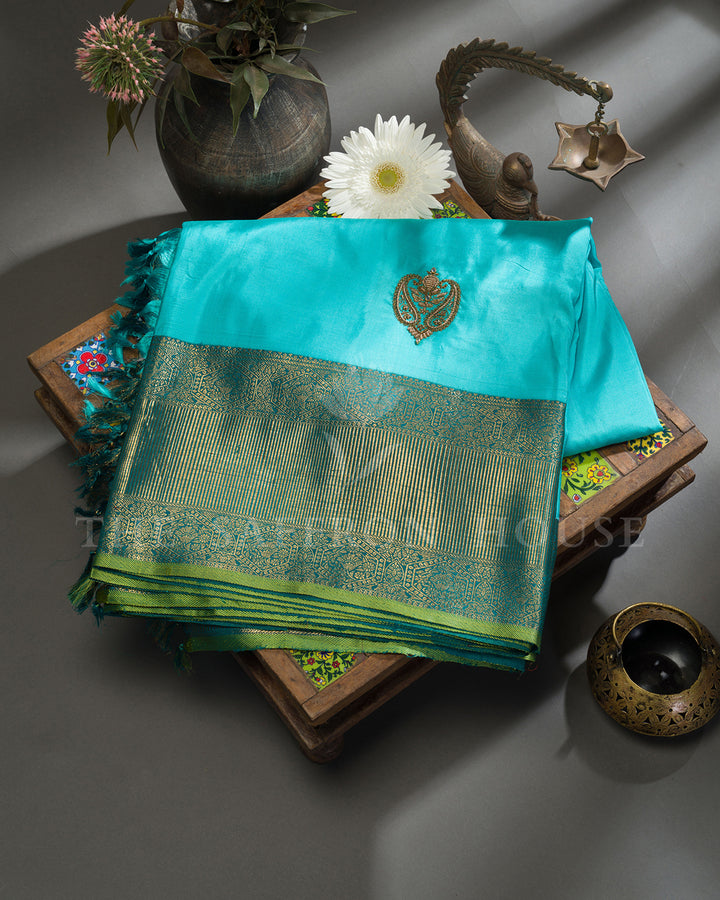 Sky Blue & Teal Hand Embroidered Kanchivaram Silk Saree
