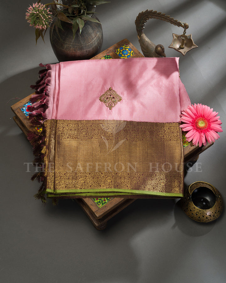 Baby Pink & Maroon Hand Embroidered Kanchivaram Silk Saree