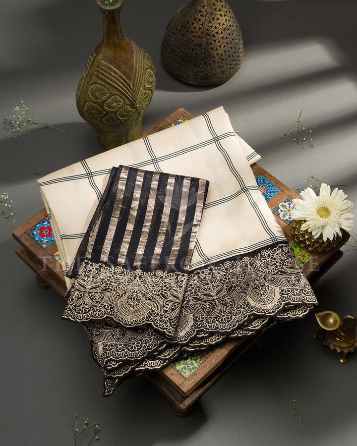 Ivory Windowpane Check Saree with Black Gold Cutwork Lace Border