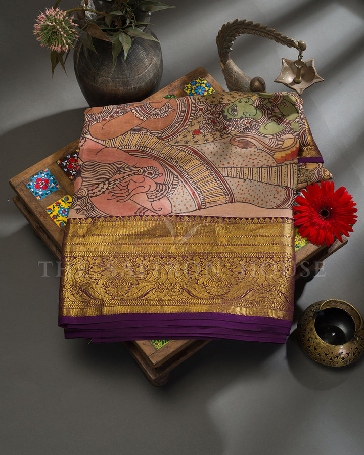 Peach & Purple Hand Painted Kalamkari Kanchivaram Silk Saree