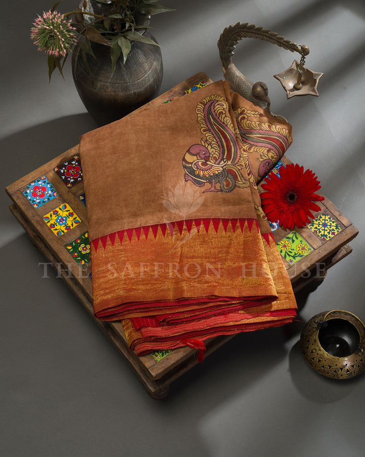 Brown & Red Hand Painted Kalamkari Kanchivaram Silk Saree