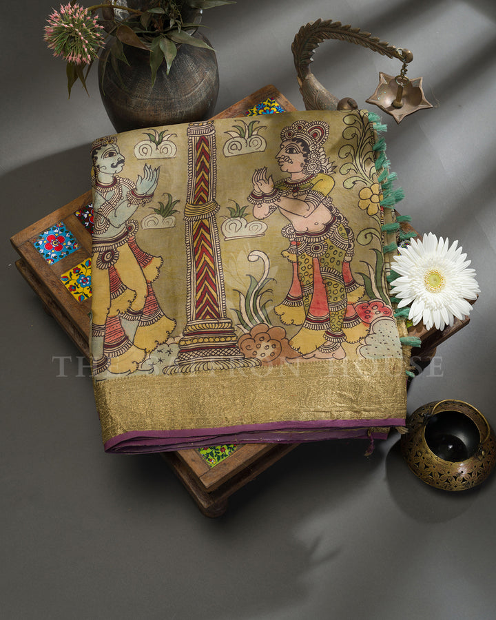Cream & Gold Village Festival Kalamkari Kanchivaram Silk Saree
