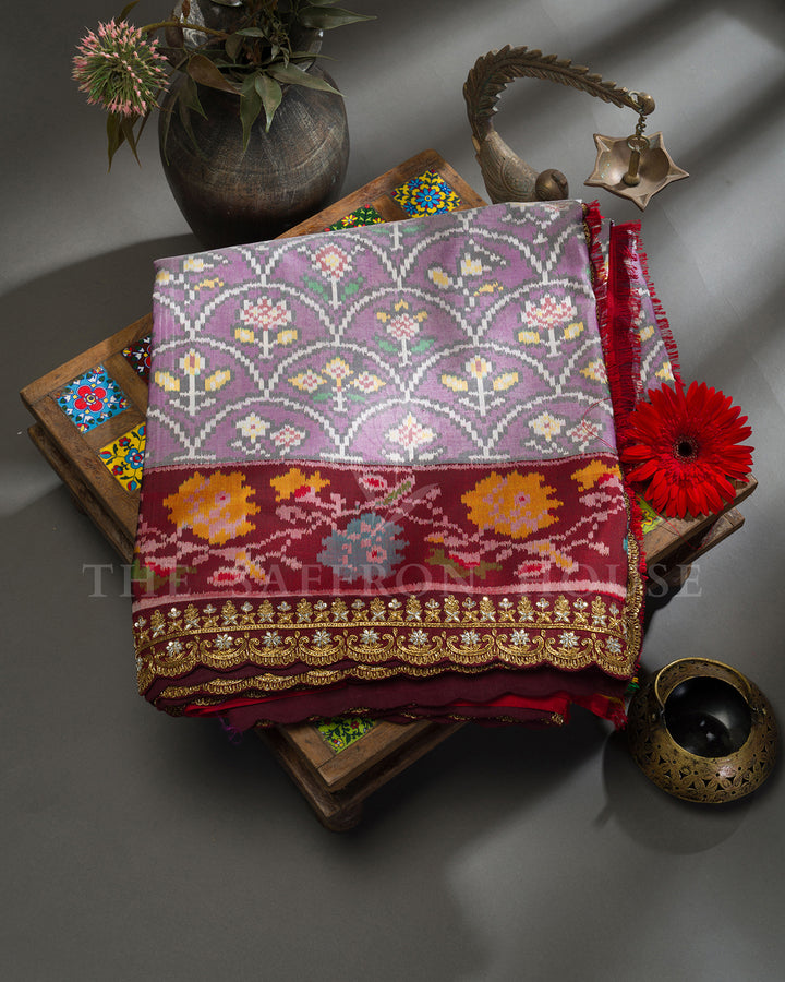 Lavender & Maroon Hand Embroidered Border Ikat Silk Saree