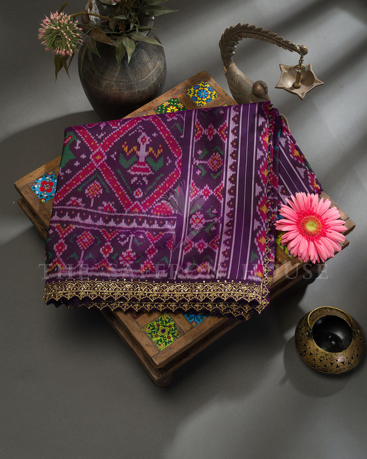 Purple Hand Embroidered Border Ikat Silk Saree